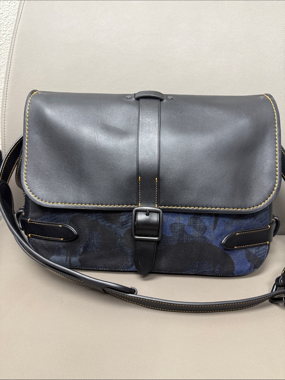 Coach Gotham Black Leather & Navy Denim Camouflage Messenger Bag